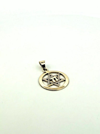 14K Yellow Gold Star of David with Chi Center Charm Pendant 2.5gr 20.8mm