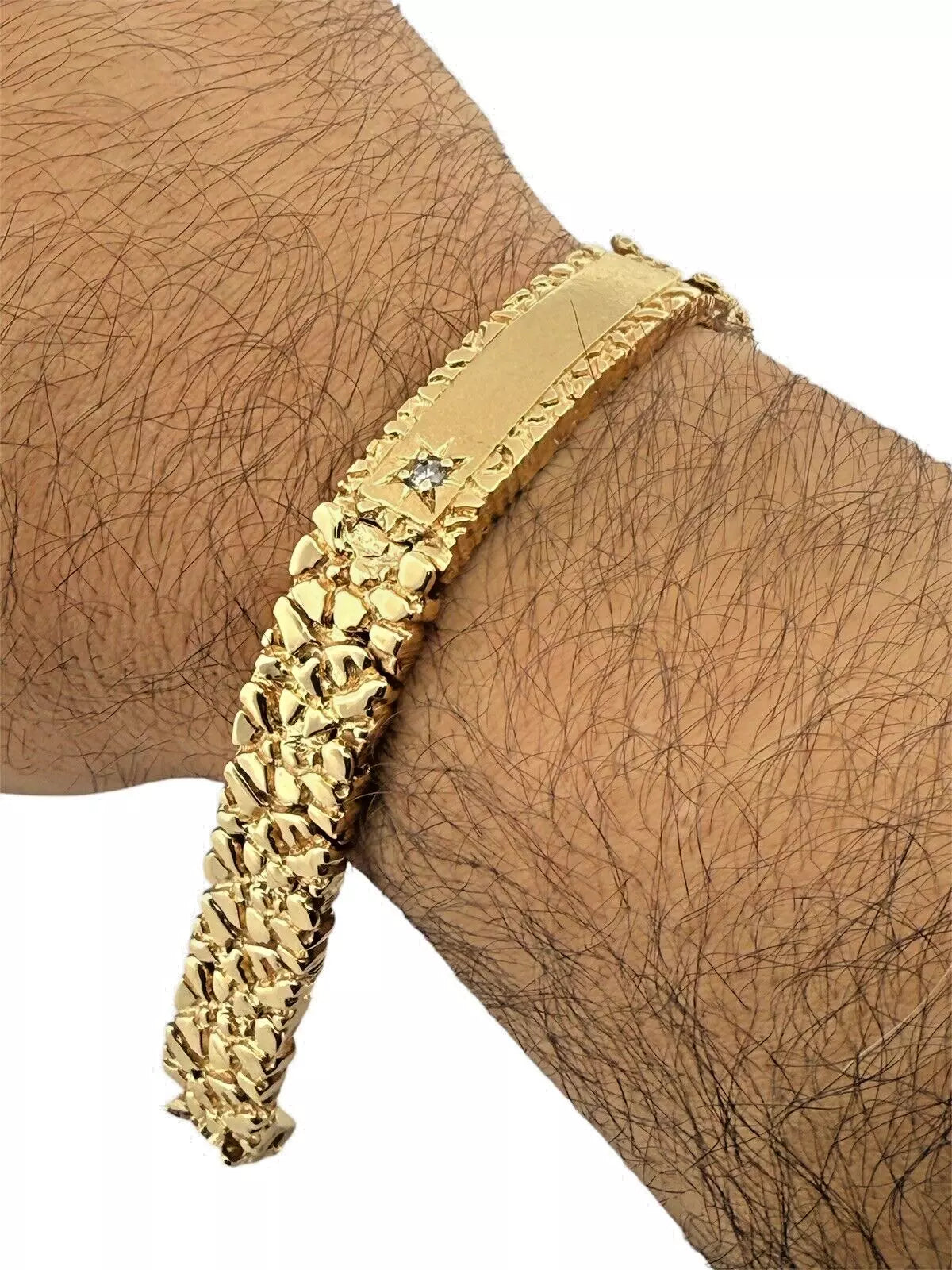 Men's 14k Solid Yellow Gold Nugget ID Bracelet With Diamond 7.5" 13.1mm 70.1 gr