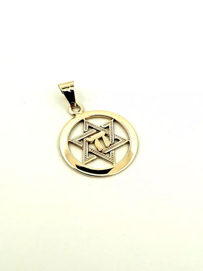 14K Yellow Gold Star of David with Chi Center Charm Pendant 2.5gr 20.8mm