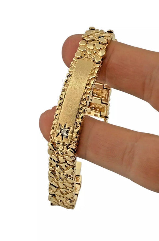 Men's 14k Solid Yellow Gold Nugget ID Bracelet With Diamond 7.5" 13.1mm 70.1 gr