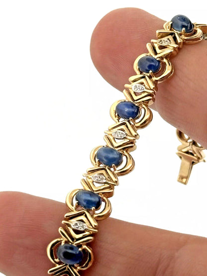 14k Solid Yellow Gold Natural Blue Sapphire Diamond Tennis Bracelet 6.5 inches