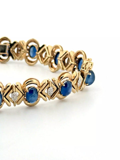 14k Solid Yellow Gold Natural Blue Sapphire Diamond Tennis Bracelet 6.5 inches