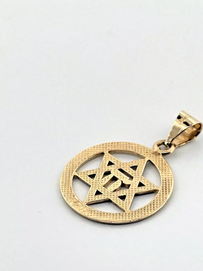 14K Yellow Gold Star of David with Chi Center Charm Pendant 2.5gr 20.8mm