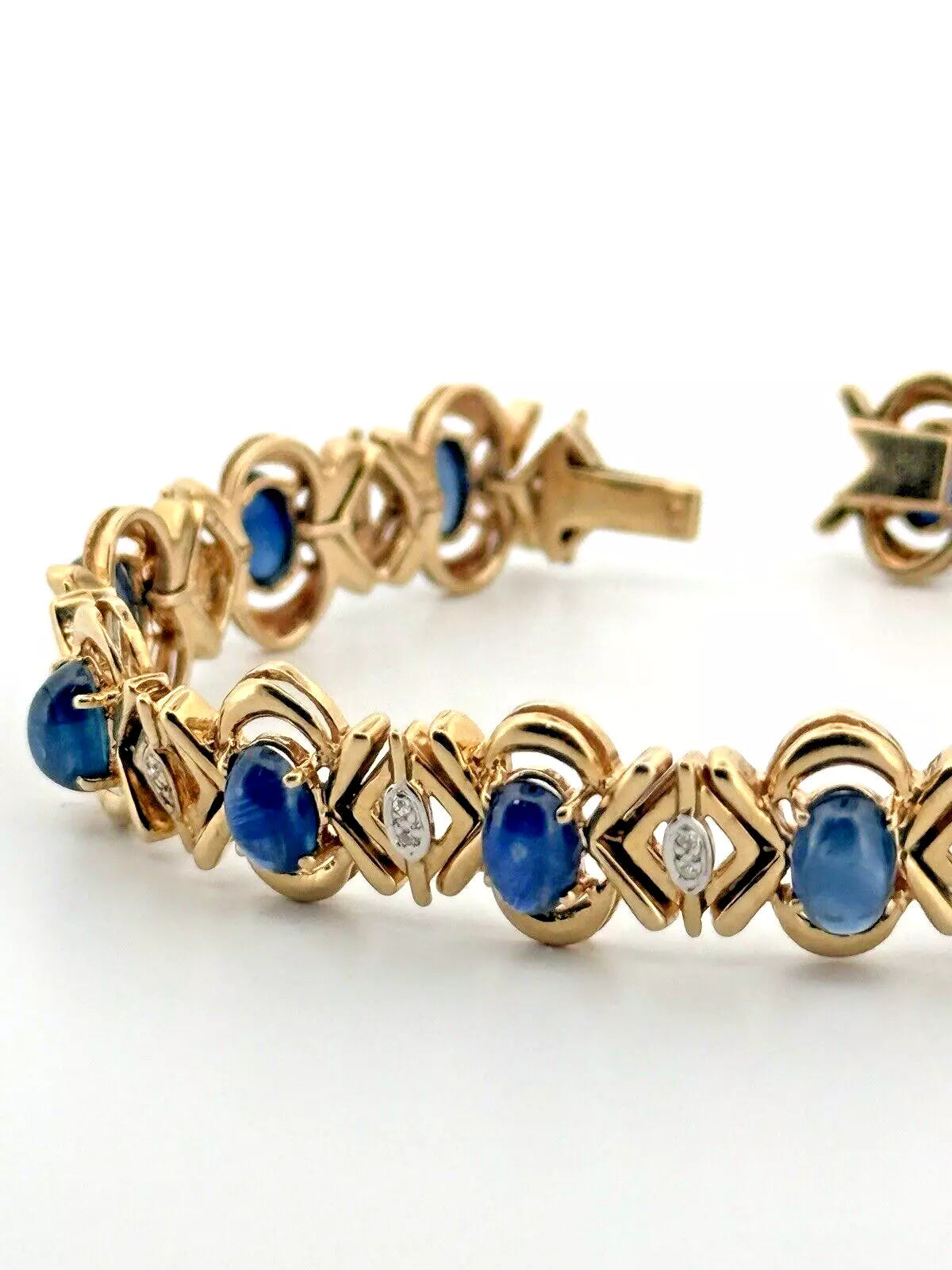 14k Solid Yellow Gold Natural Blue Sapphire Diamond Tennis Bracelet 6.5 inches