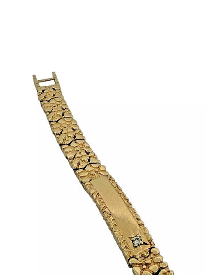 Men's 14k Solid Yellow Gold Nugget ID Bracelet With Diamond 7.5" 13.1mm 70.1 gr