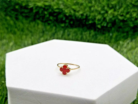 14Kt Yellow Gold Red Coral Clover Ring Size 8