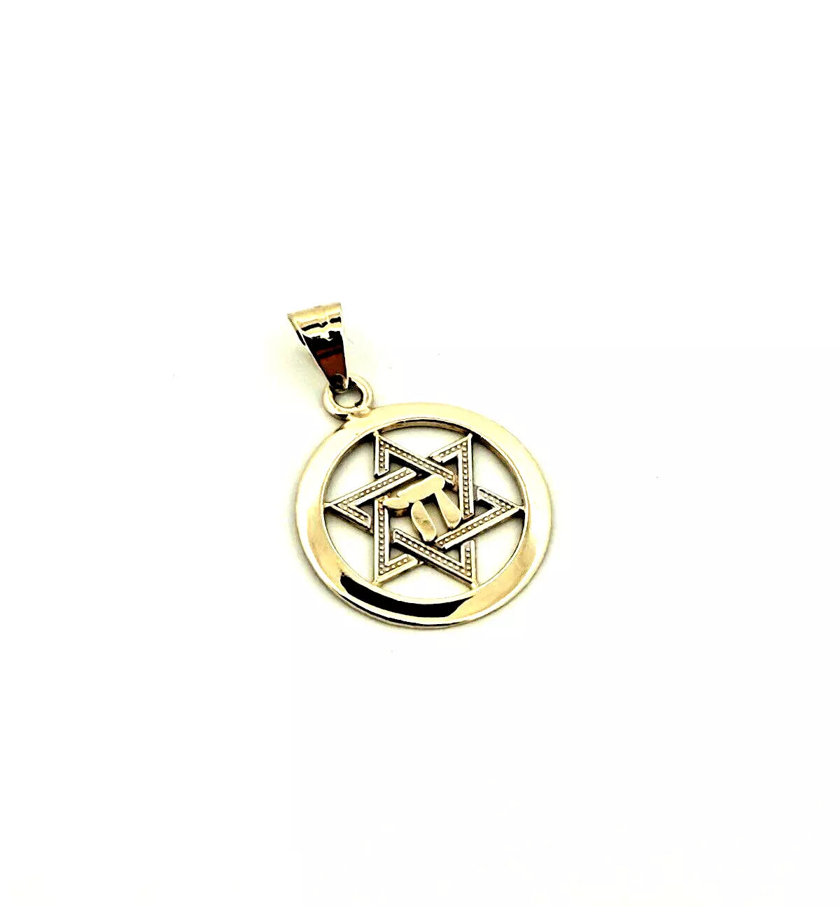 14K Yellow Gold Star of David with Chi Center Charm Pendant 2.5gr 20.8mm