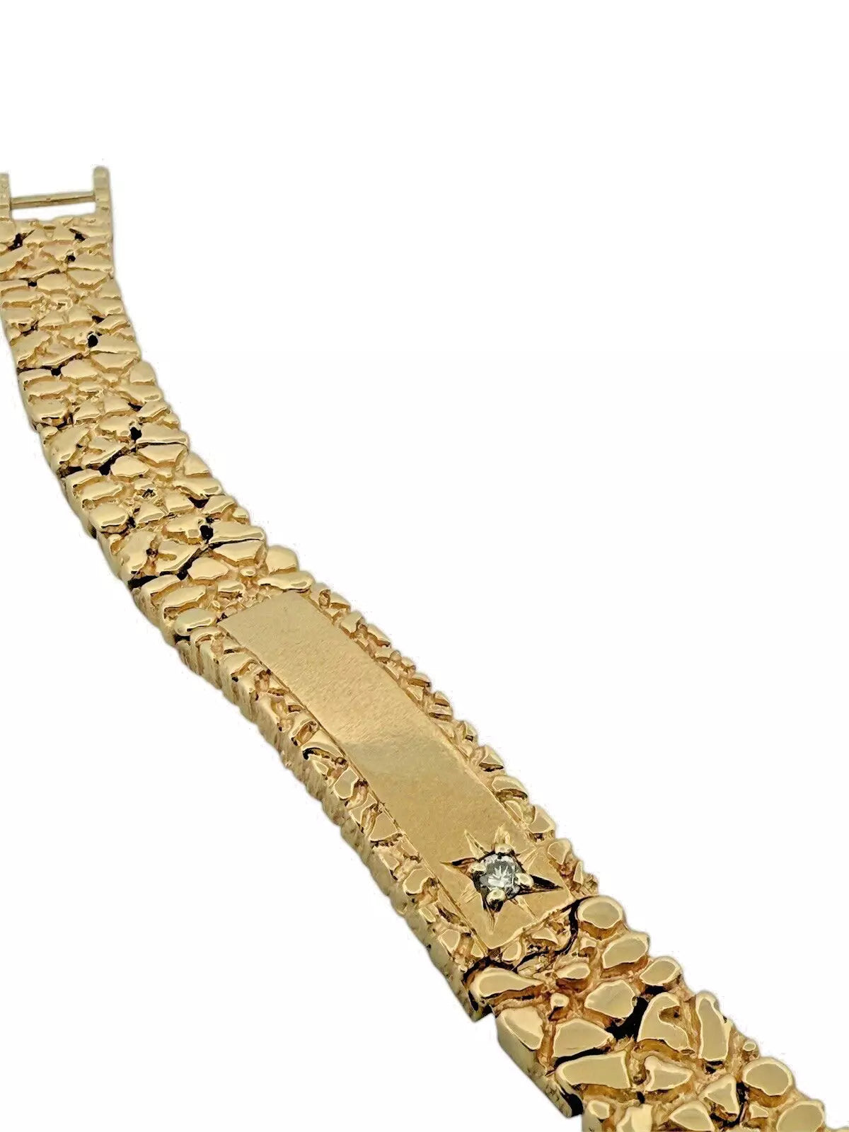 Men's 14k Solid Yellow Gold Nugget ID Bracelet With Diamond 7.5" 13.1mm 70.1 gr