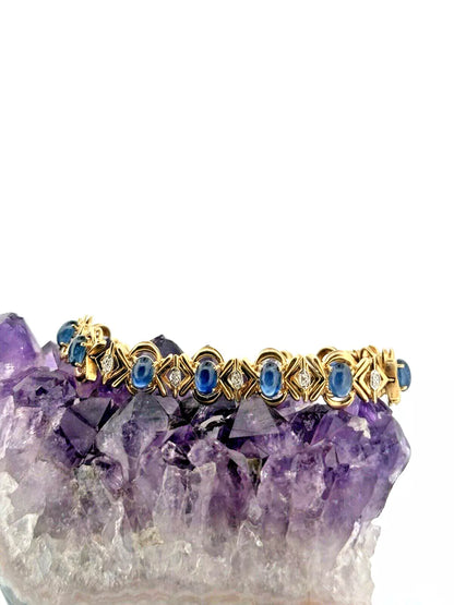 14k Solid Yellow Gold Natural Blue Sapphire Diamond Tennis Bracelet 6.5 inches