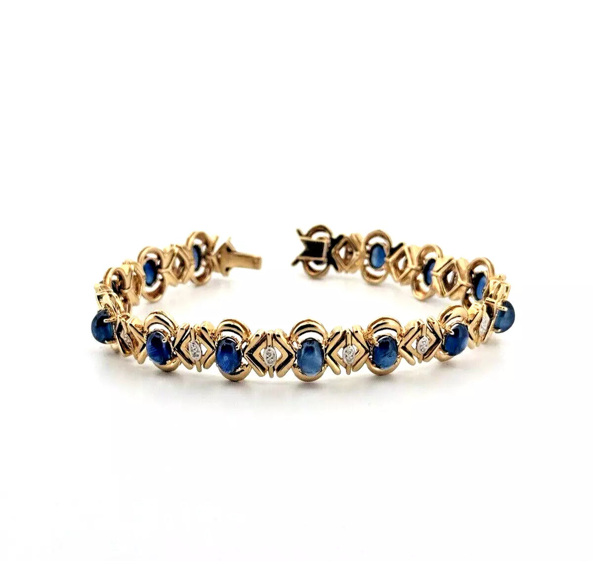 14k Solid Yellow Gold Natural Blue Sapphire Diamond Tennis Bracelet 6.5 inches