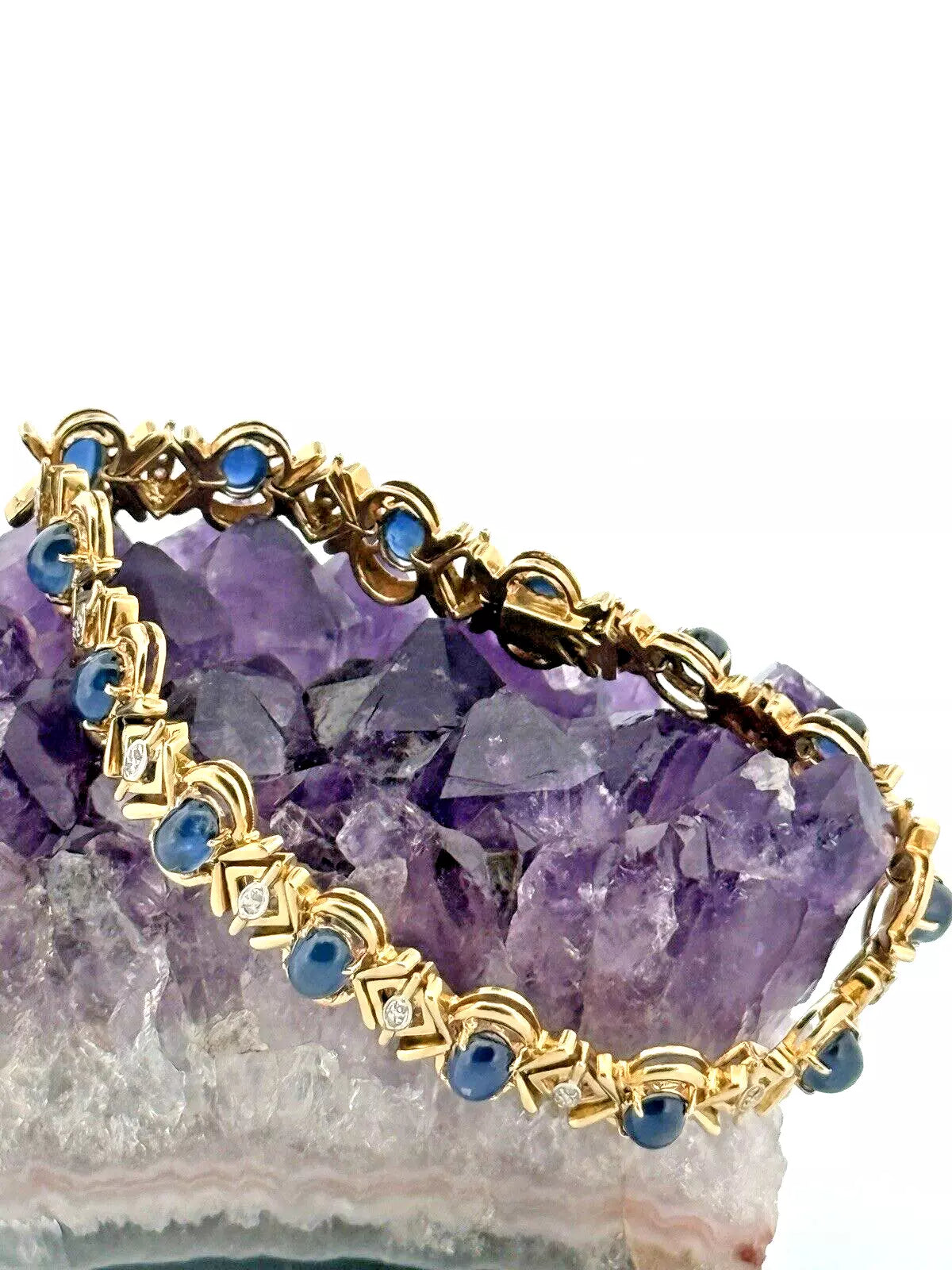 14k Solid Yellow Gold Natural Blue Sapphire Diamond Tennis Bracelet 6.5 inches