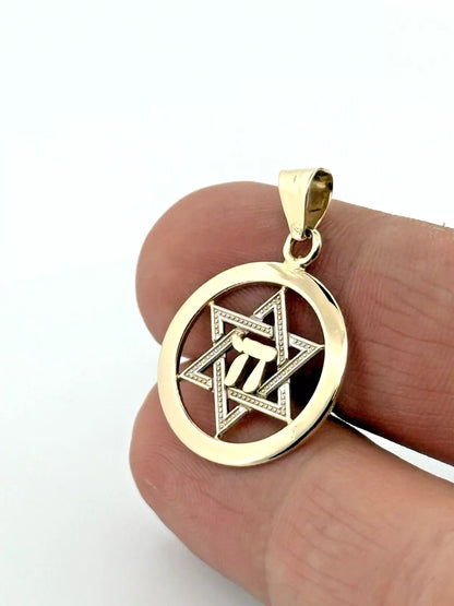 14K Yellow Gold Star of David with Chi Center Charm Pendant 2.5gr 20.8mm