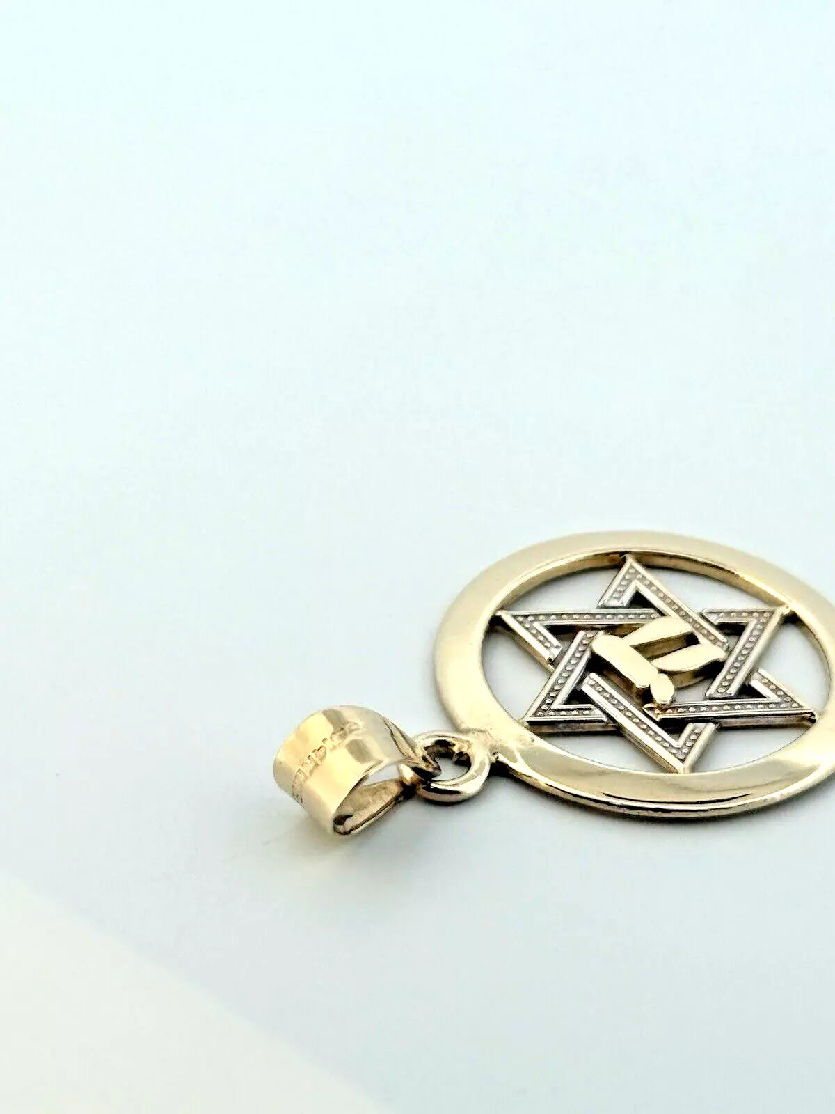 14K Yellow Gold Star of David with Chi Center Charm Pendant 2.5gr 20.8mm